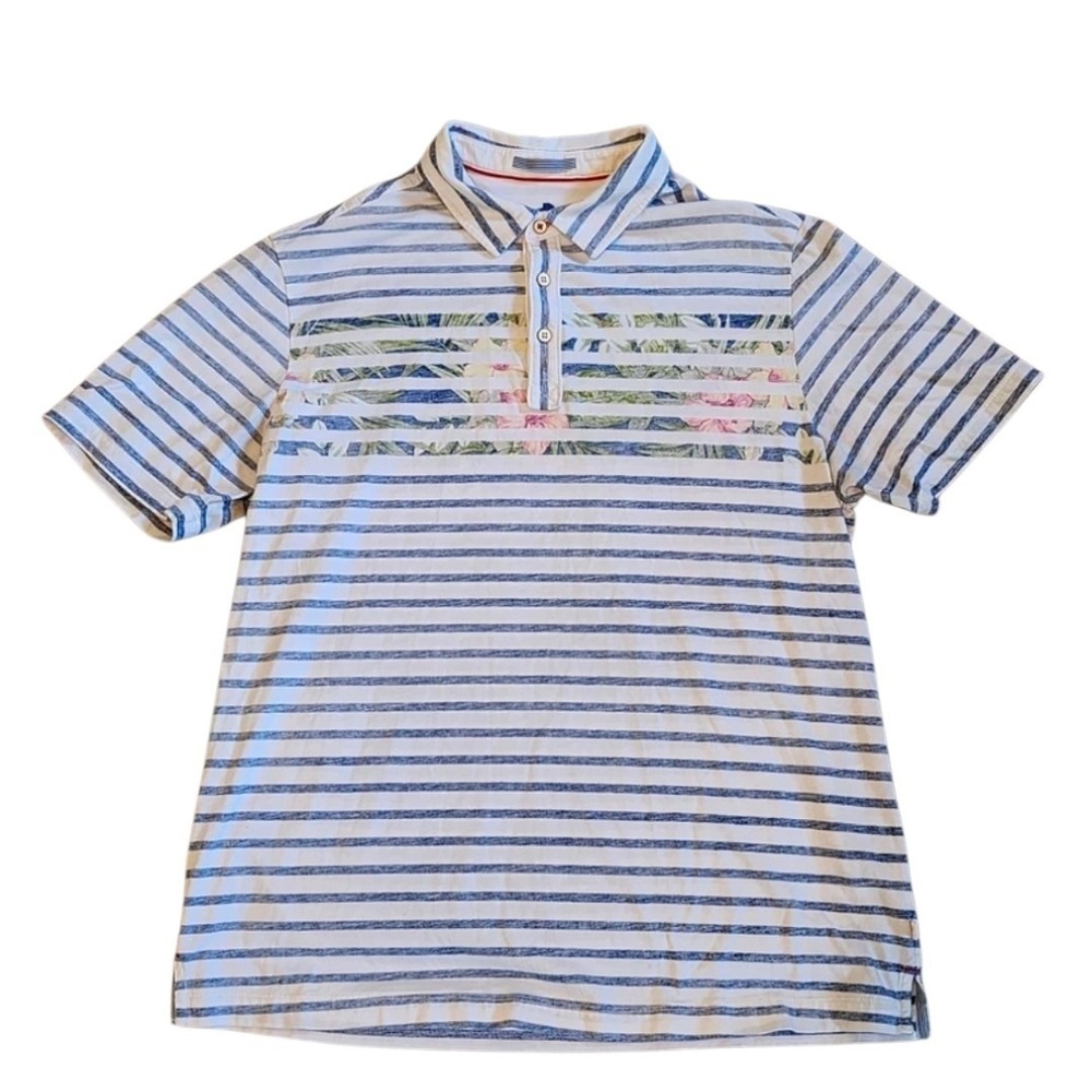 Tommy Bahama Polo Shirt Men's Large Blue White Striped Floral Pima Cotton